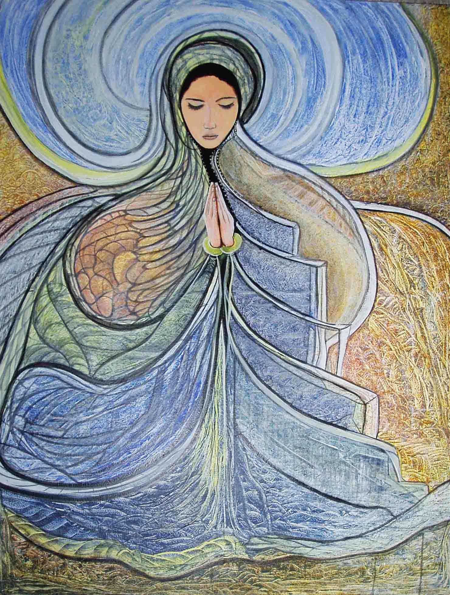 Picture of a painting made by local austin artist that shows a virgin in multidimensional art